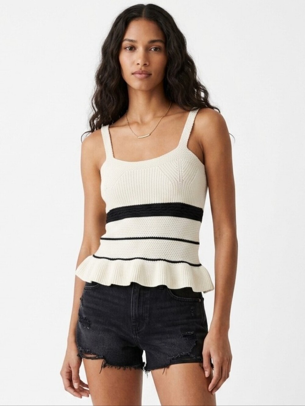 NWT Zara Striped Textured Strappy Knit Tank Top In Ivory/Black - M